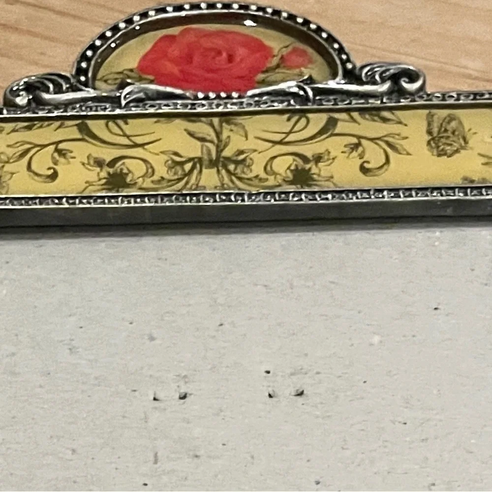 VTG Silver Metal Jeweled Frame Rose Yellow Floral Victorian Shabby Chic 4x6